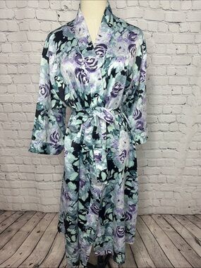 Cabernet Kimono Style Floral Satin Wrap Robe with Attached Belt Size S